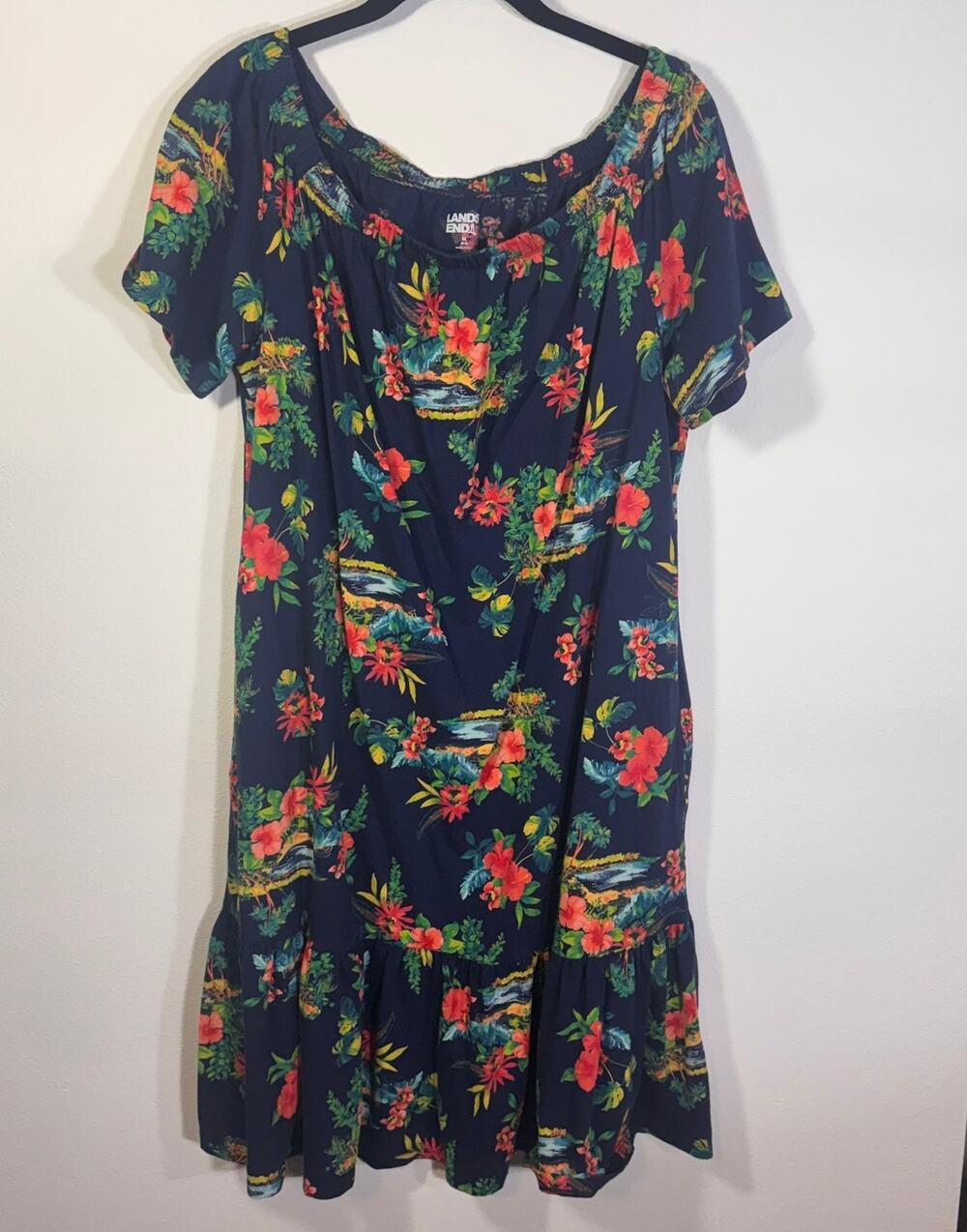 Lands End Navy Tropical Floral Dress M Cotton Off Shoulder Ruffle Hem